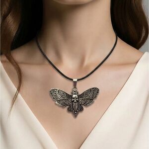 Death Moth Skull Cord Necklace Gothic Engraved Antique Silver Pendant New